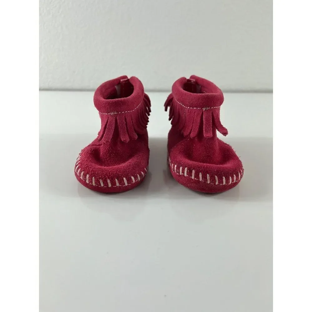 Minnetonka Infant Back Flap Suede Fringe Bootie Moccasins Baby Size 1 Red Pink